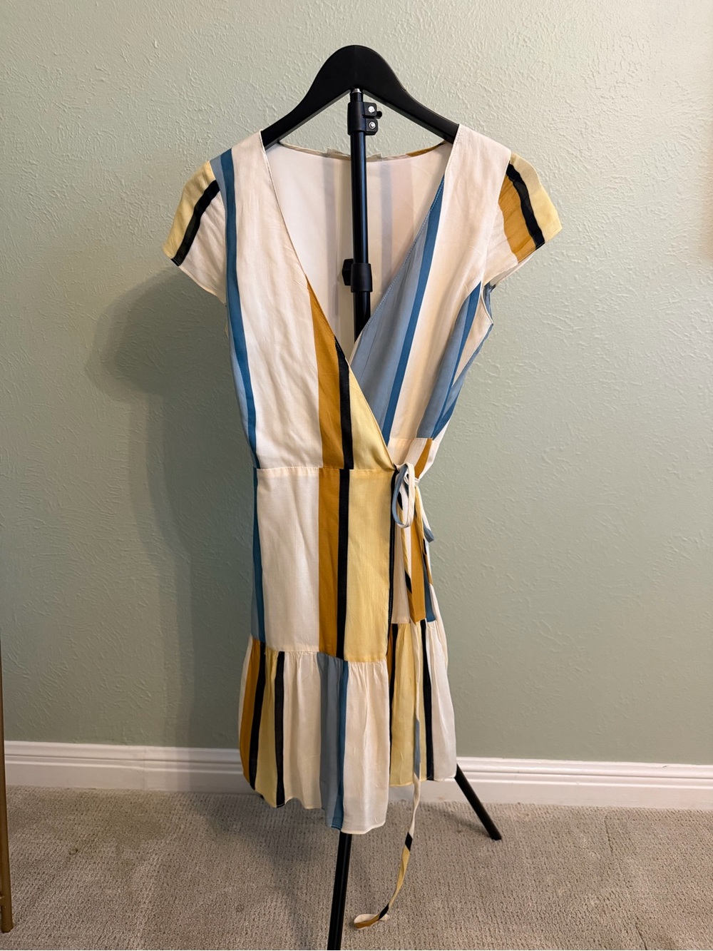 Amanda Uprichard Striped Wrap Midi Dress in White, Blue & Yellow
